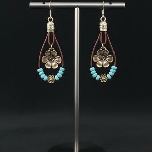 Turquoise Bead Brown Leather Drop Earrings with Antiqued Gold Flower Accent
